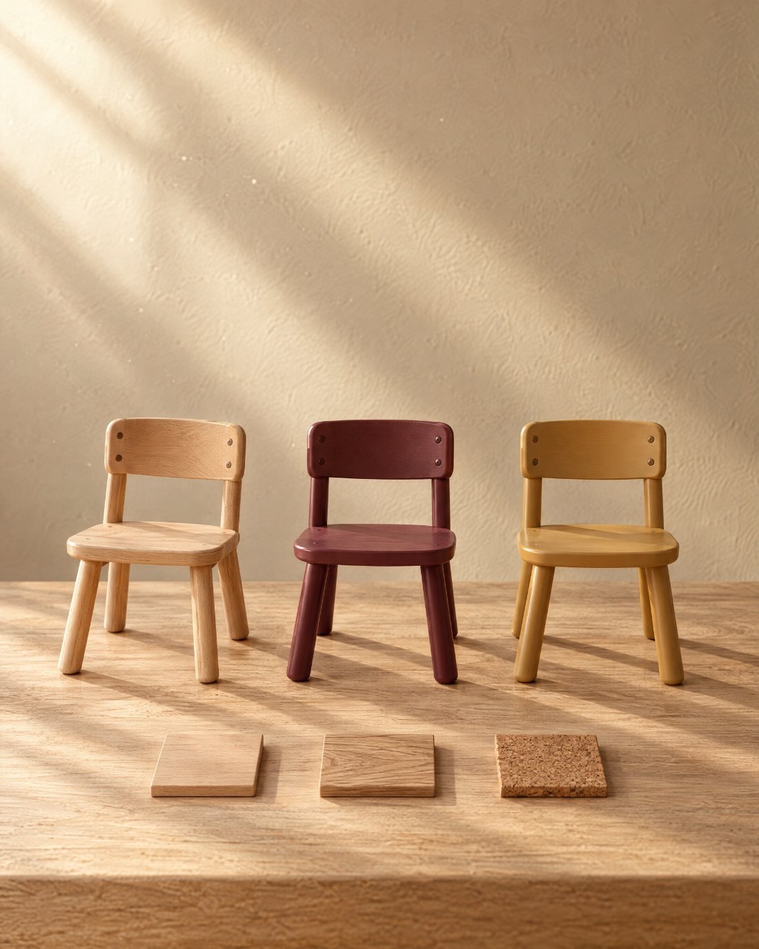Trois petites chaises en bois de finitions différentes, alignées pour être comparées.