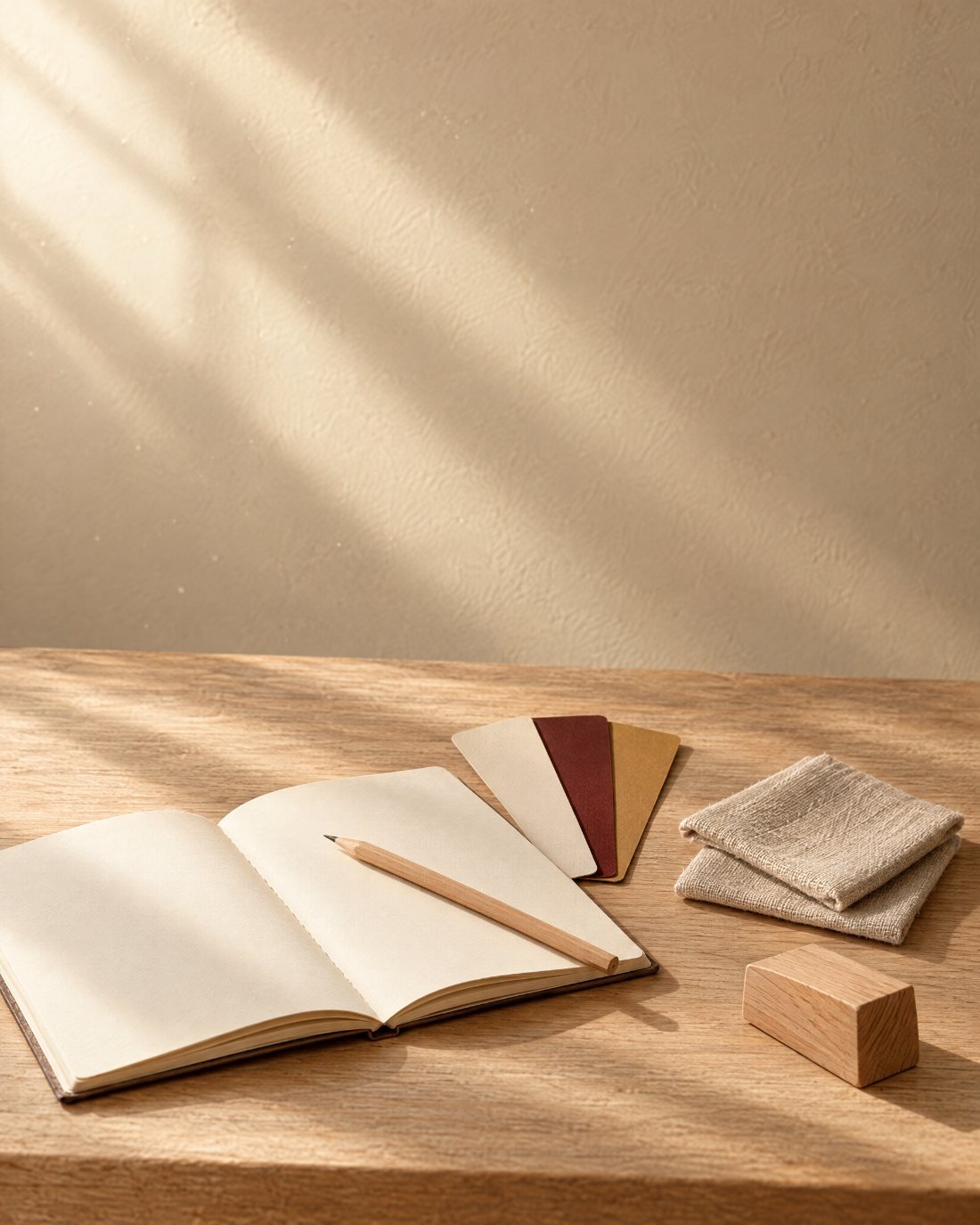 Un carnet ouvert, un crayon et des échantillons de couleurs sur une table en chêne.